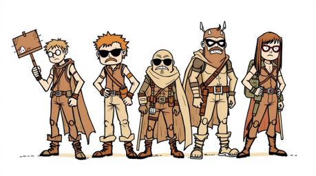 A captivating hand-drawn sketch in a color sketchnote style portrays a team of quirky misfit heroes.  The illustration utiliz