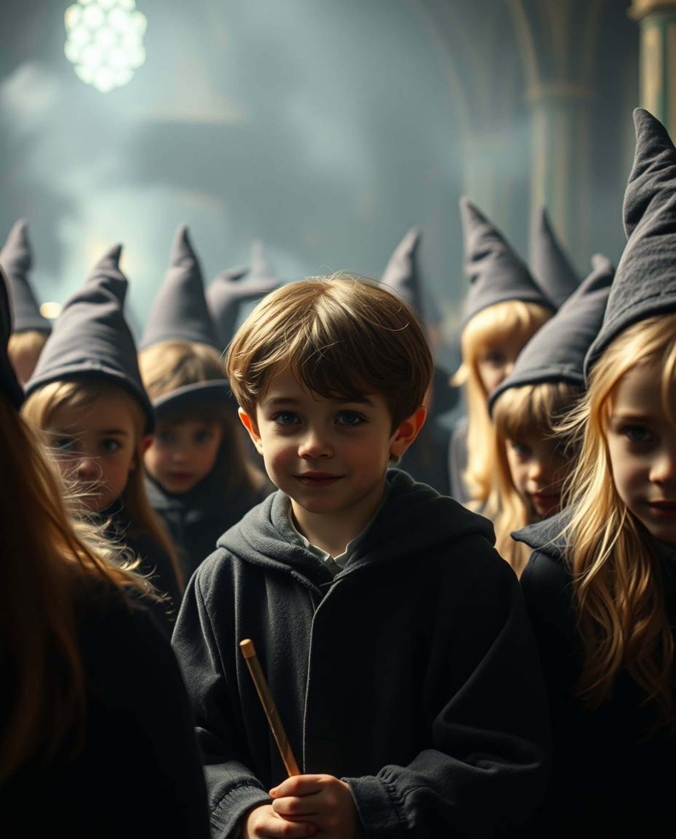 Immerse yourself in the enchanting world of a magical school brimming with young wizards. This captivating close-up shot, fea
