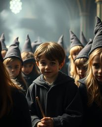 Immerse yourself in the enchanting world of a magical school brimming with young wizards. This captivating close-up shot, fea