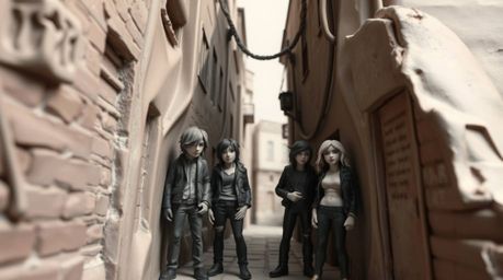 A captivating clay sculpture depicting a grungy city alleyway filled with rebellious teens.  The piece showcases smooth gradi