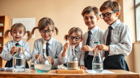 A high-resolution stock photo showcasing a group of quirky children in school uniforms conducting science experiments. The im