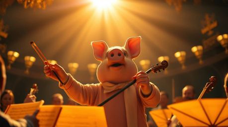 A charming pig character takes center stage, conducting an orchestra bathed in a warm, golden light.  This image evokes a rad