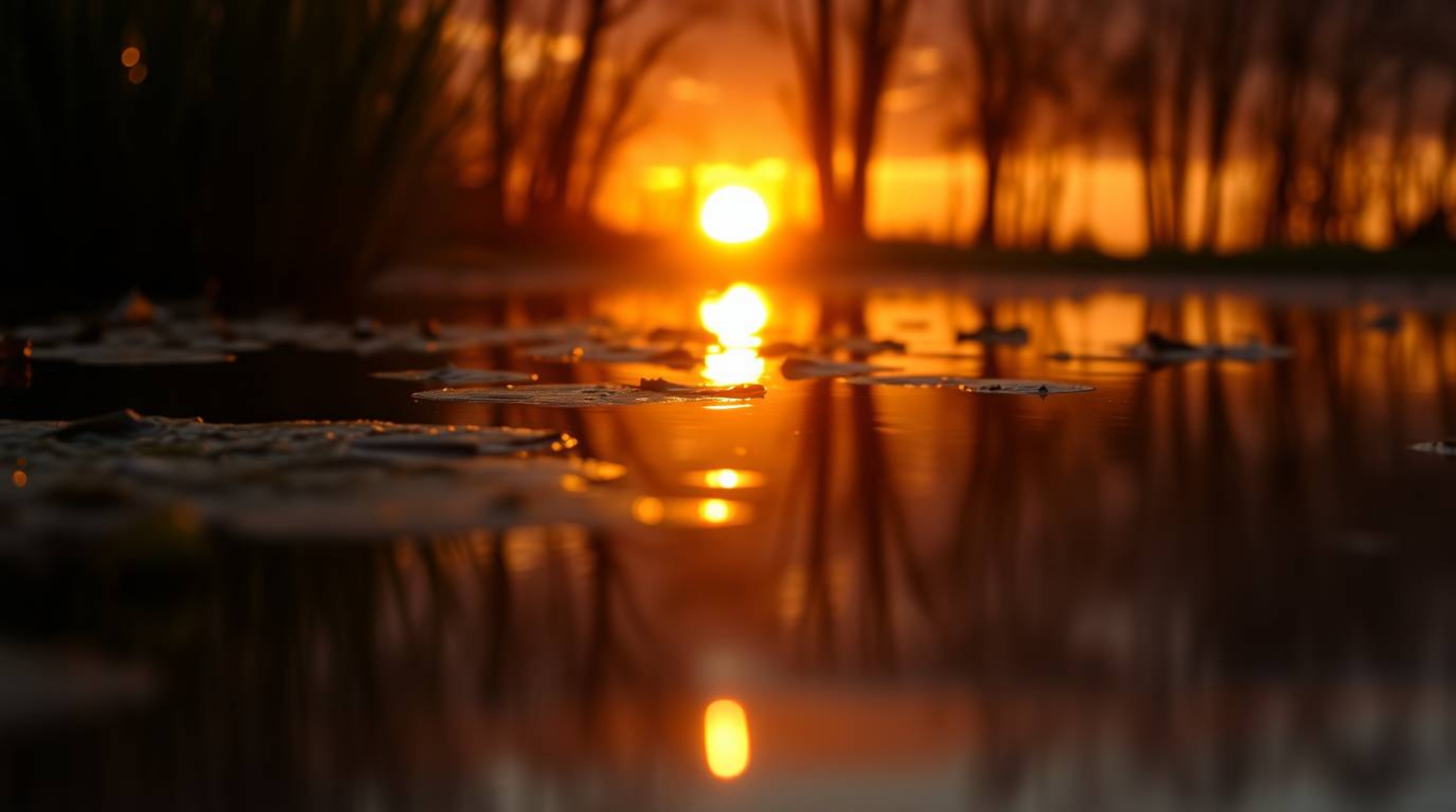 A captivating close-up reveals the warm, golden glow of a vibrant sunset reflected in a tranquil pond.  The detailed image sh