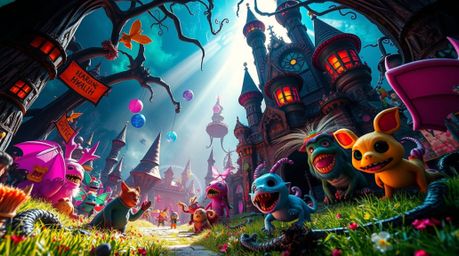 Experience a breathtaking low-angle view of a vibrant fantasy kingdom brimming with quirky magical creatures. Strong, hard li