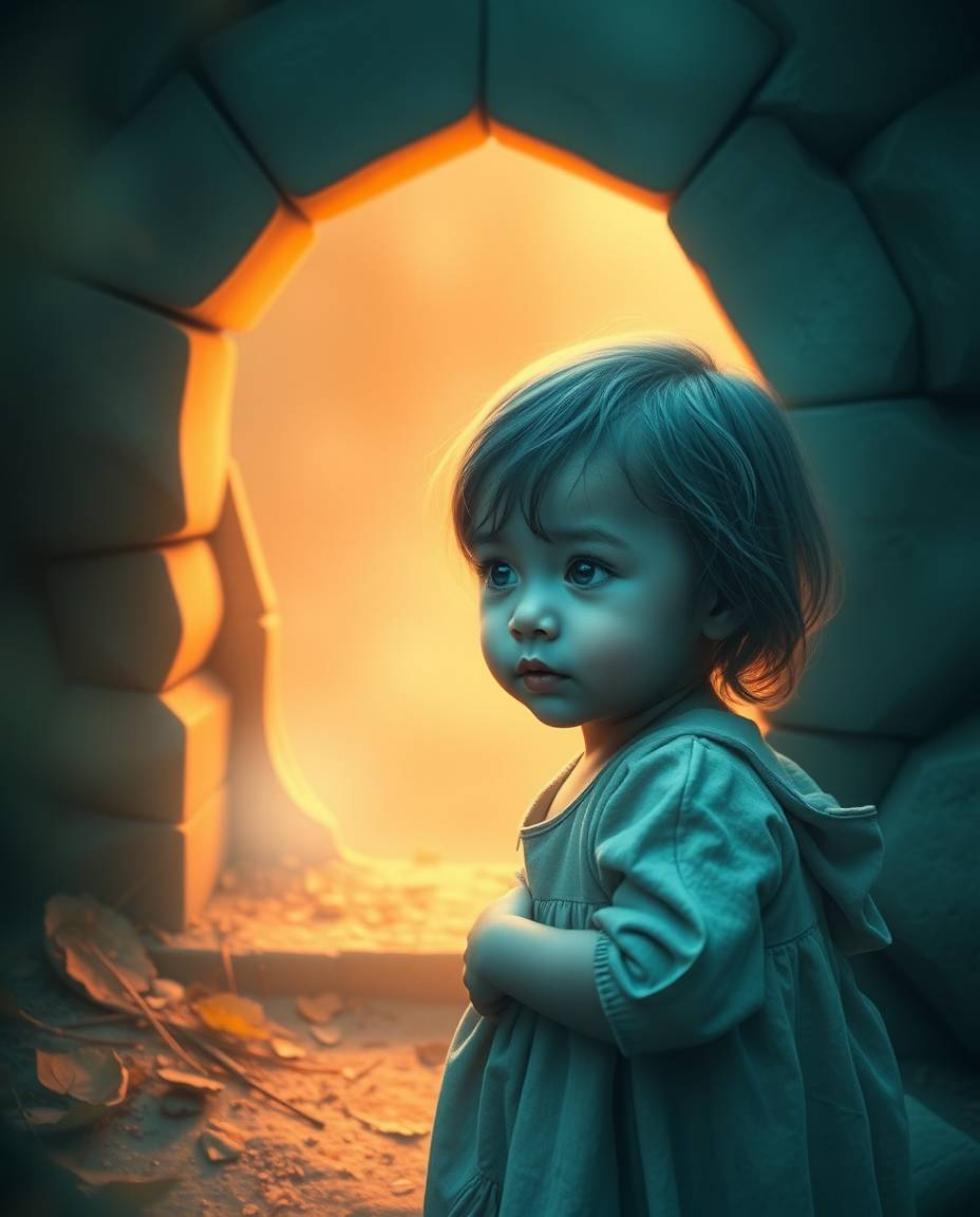 A captivating image depicting a child with delicate features discovering a magical portal hidden in a mystical backyard.  The