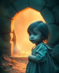 A captivating image depicting a child with delicate features discovering a magical portal hidden in a mystical backyard. The