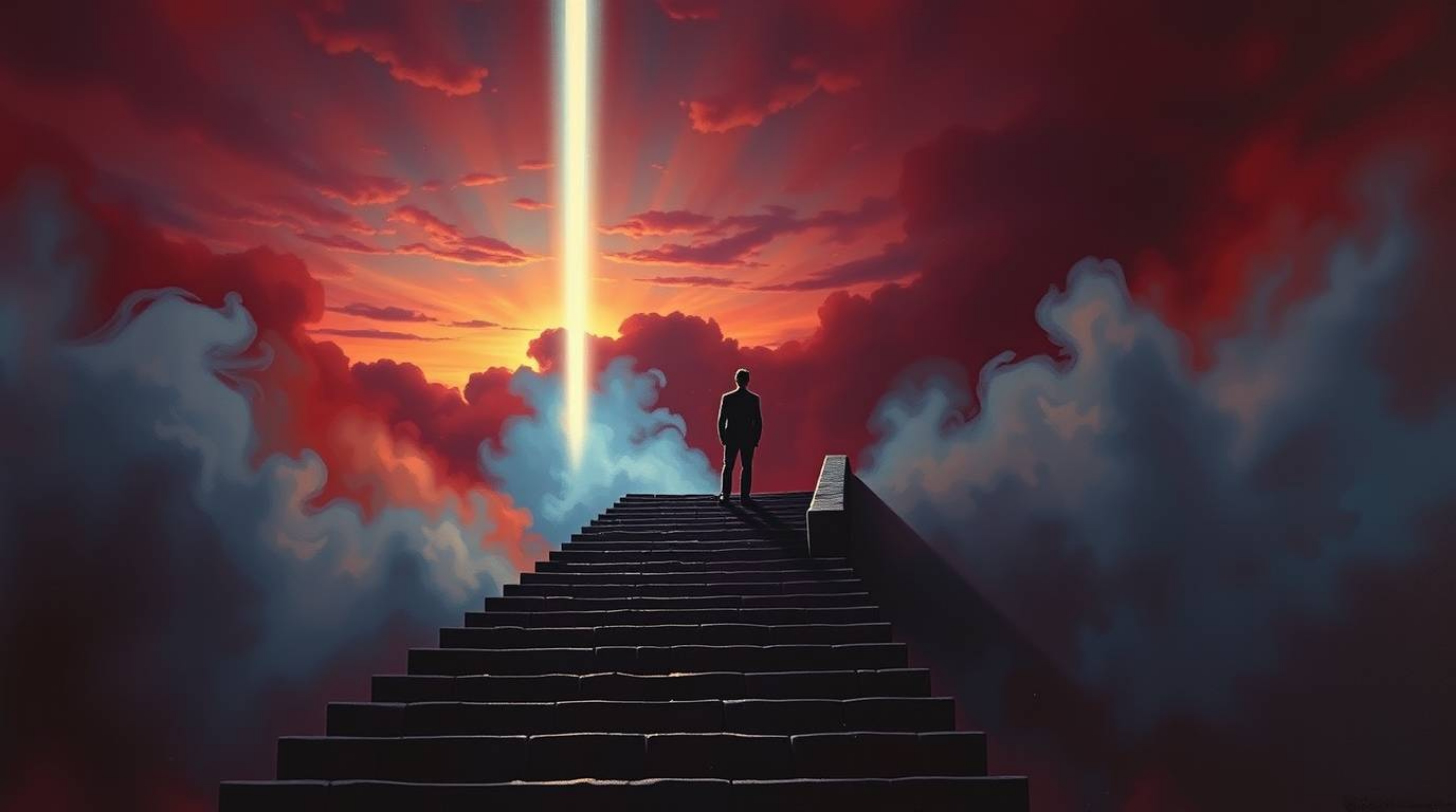 A captivating painting depicting a lone figure ascending a stone staircase towards a divine beam of light against a dramatic 