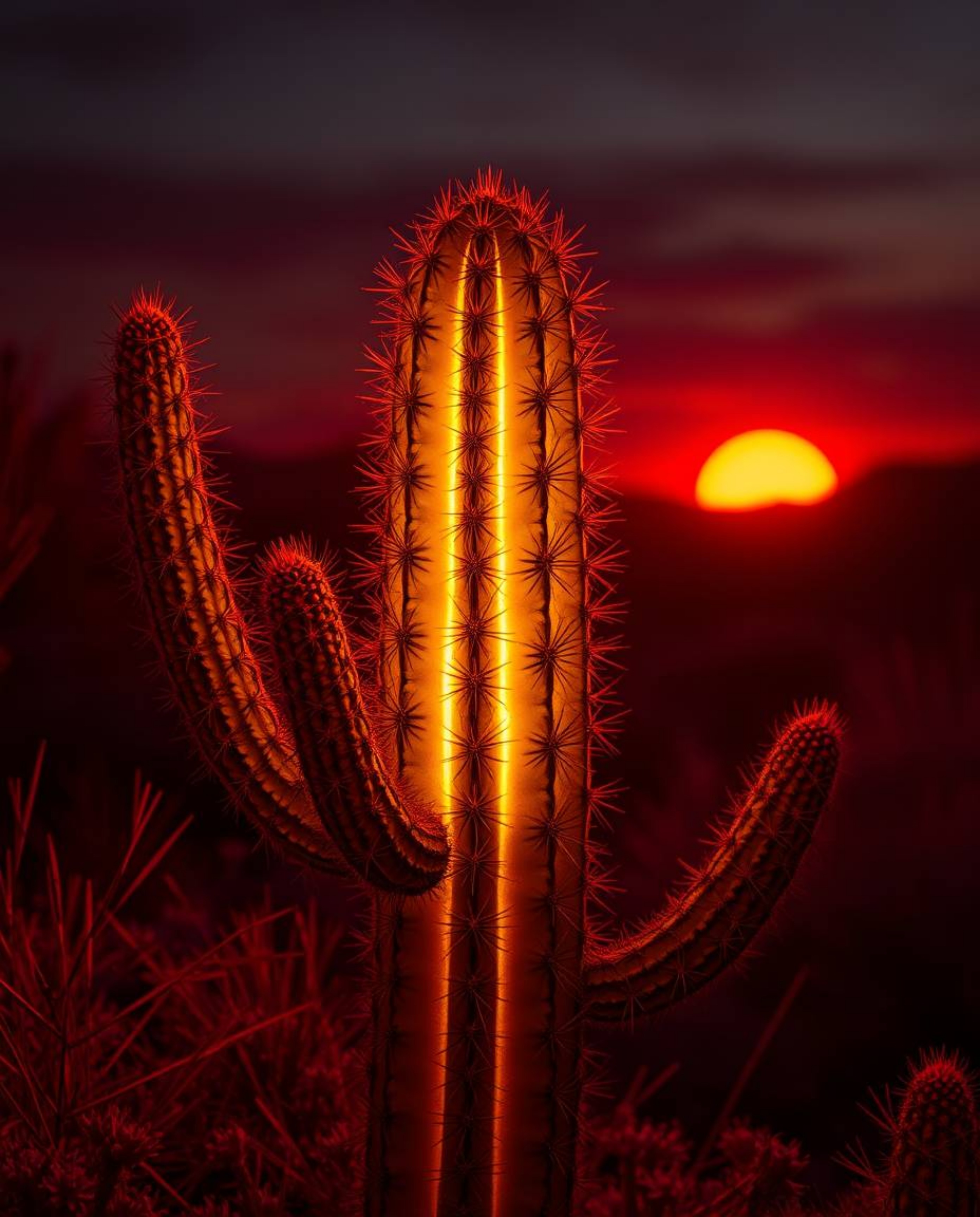 A desert cactus glows with an eerie, warm light in the last rays of the sun, creating a distinctly creepy atmosphere. Rendere