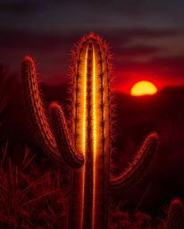 A desert cactus glows with an eerie, warm light in the last rays of the sun, creating a distinctly creepy atmosphere. Rendere