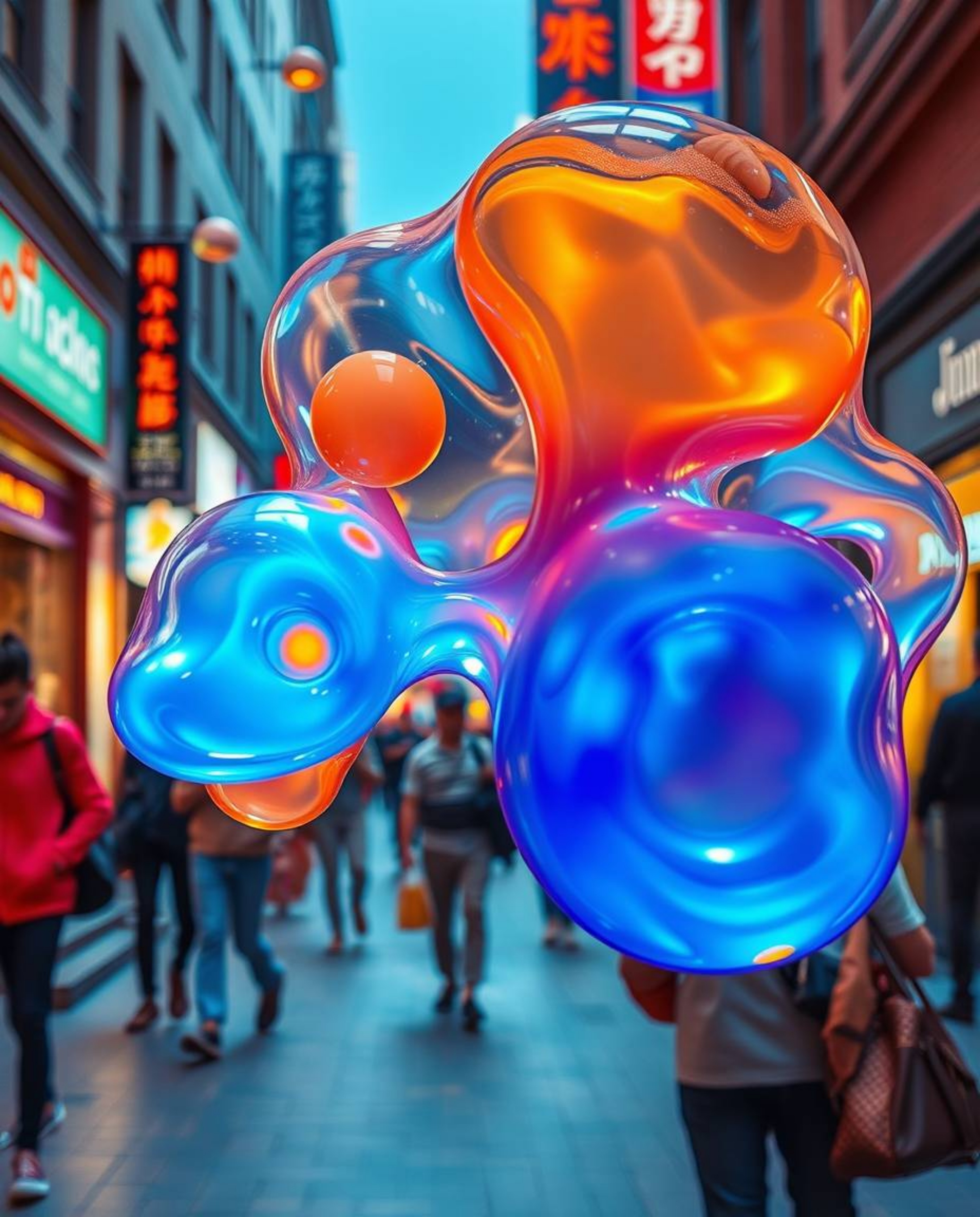 Explore the captivating world of candid street photography fused with vibrant, 3D rendered translucent fluid organic blobs fl