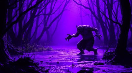 A vibrant and surreal scene depicting an ogre dancing in a swamp under intense ultraviolet light.  The vivid purples create d