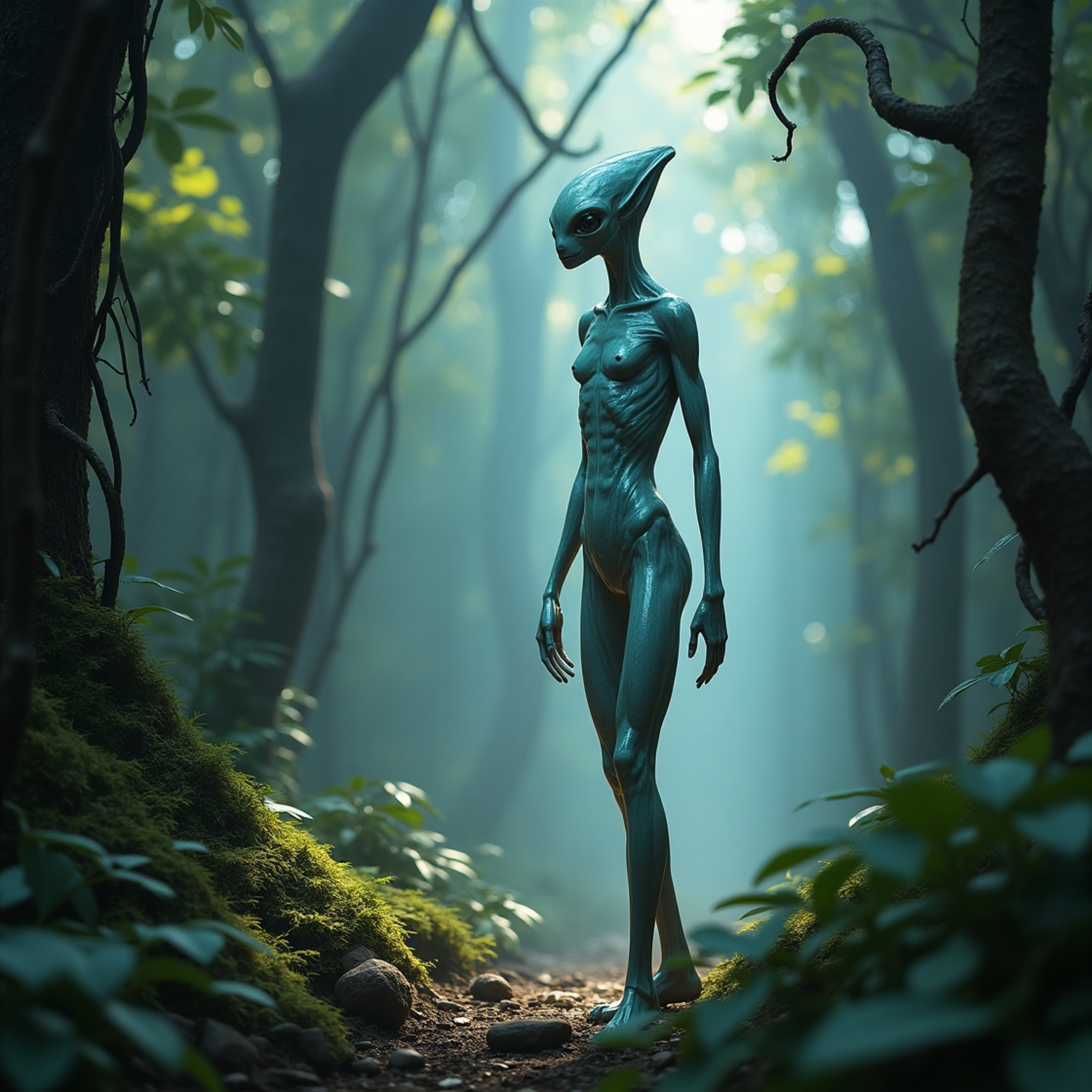 Imagine a statuesque alien, its pale gray skin adorned with swirling blue and green luminescence, gracefully navigating a vib