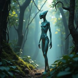 Imagine a statuesque alien, its pale gray skin adorned with swirling blue and green luminescence, gracefully navigating a vib