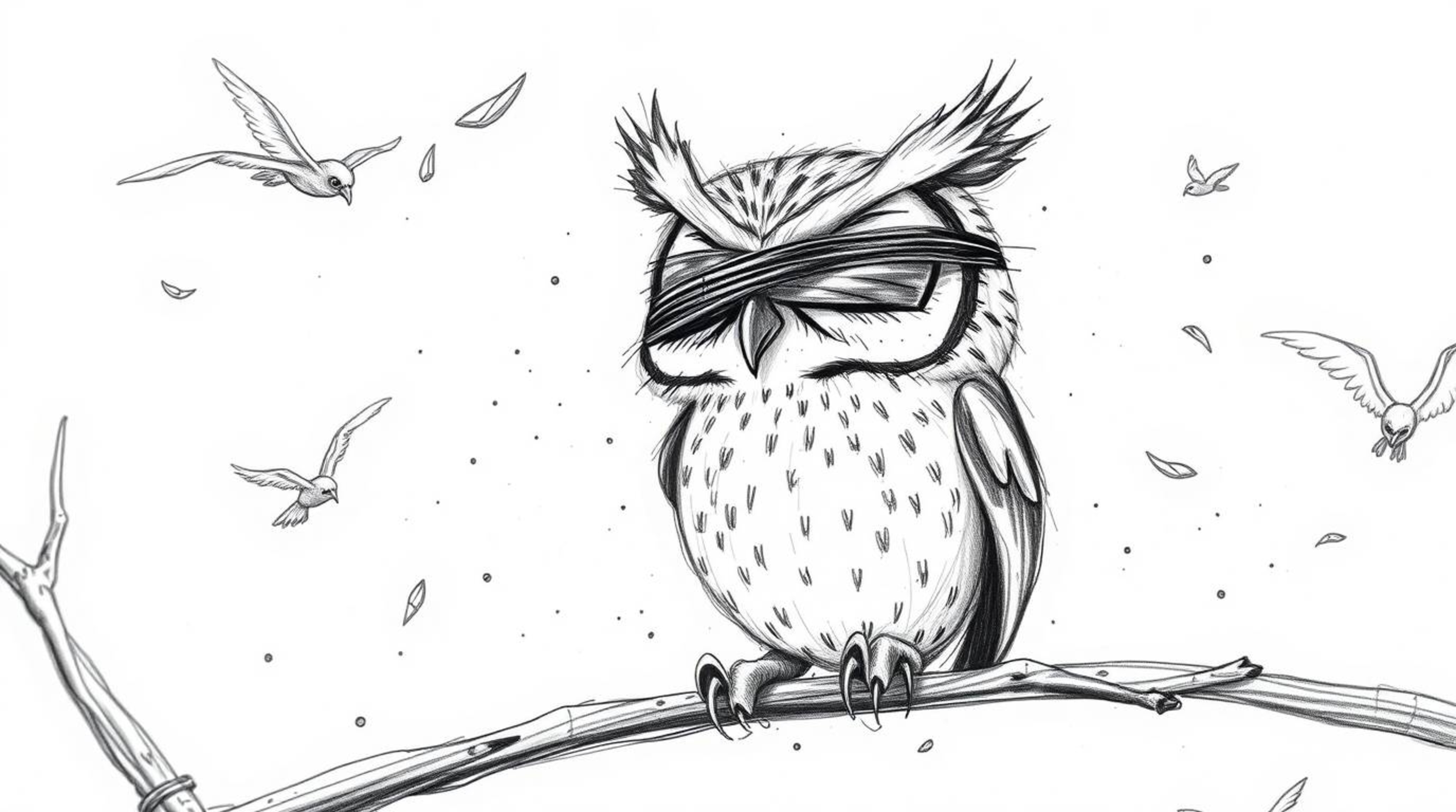 A heartwarming hand-drawn sketch reminiscent of Pixar, portrays a sightless owl with captivating, expressive eyes.  He is imp