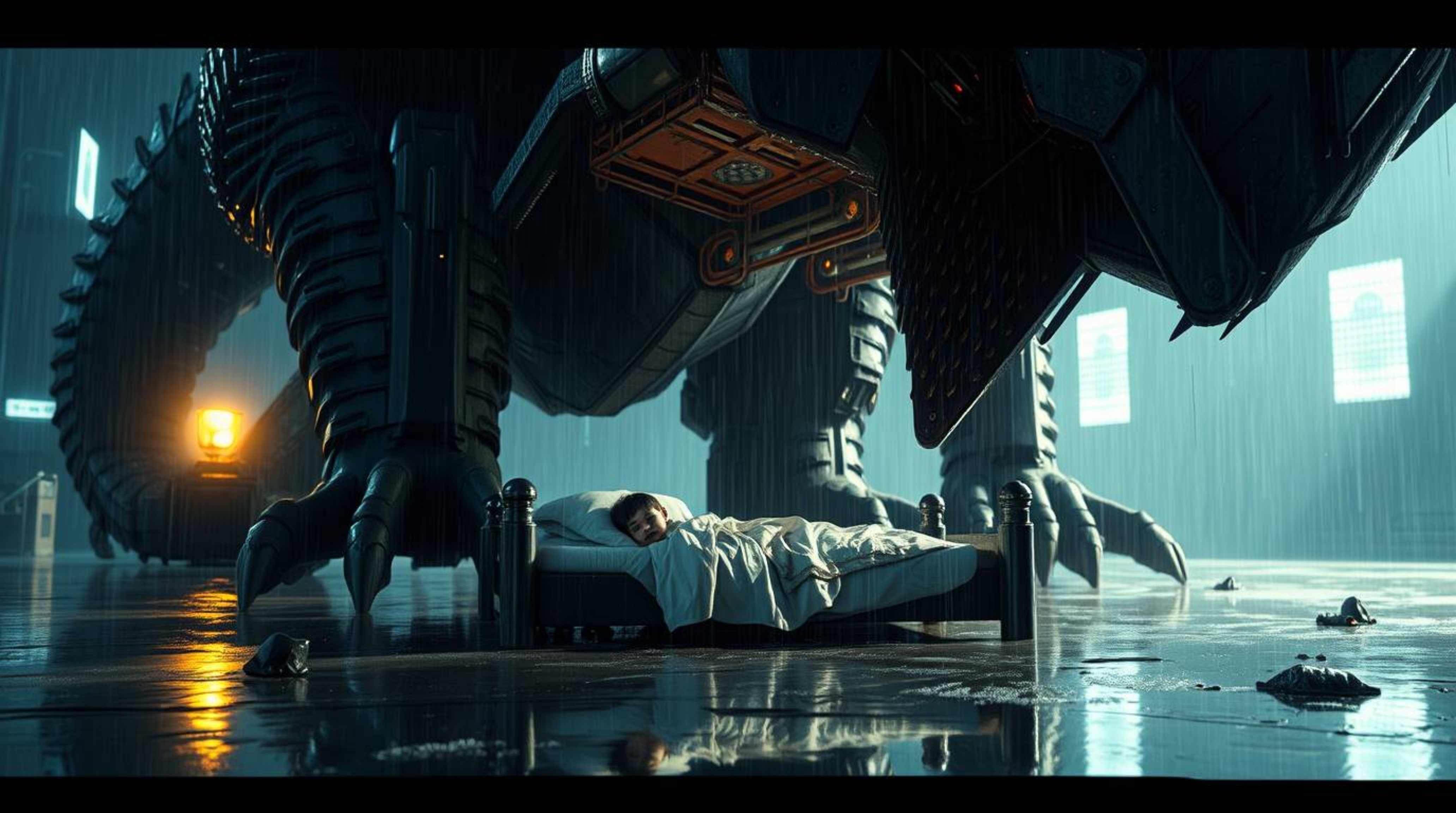 An epic, futuristic scene unfolds as a monster and a child find an unlikely friendship beneath a bed, sharing a tender moment