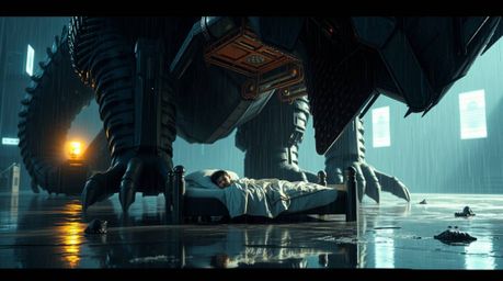 An epic, futuristic scene unfolds as a monster and a child find an unlikely friendship beneath a bed, sharing a tender moment