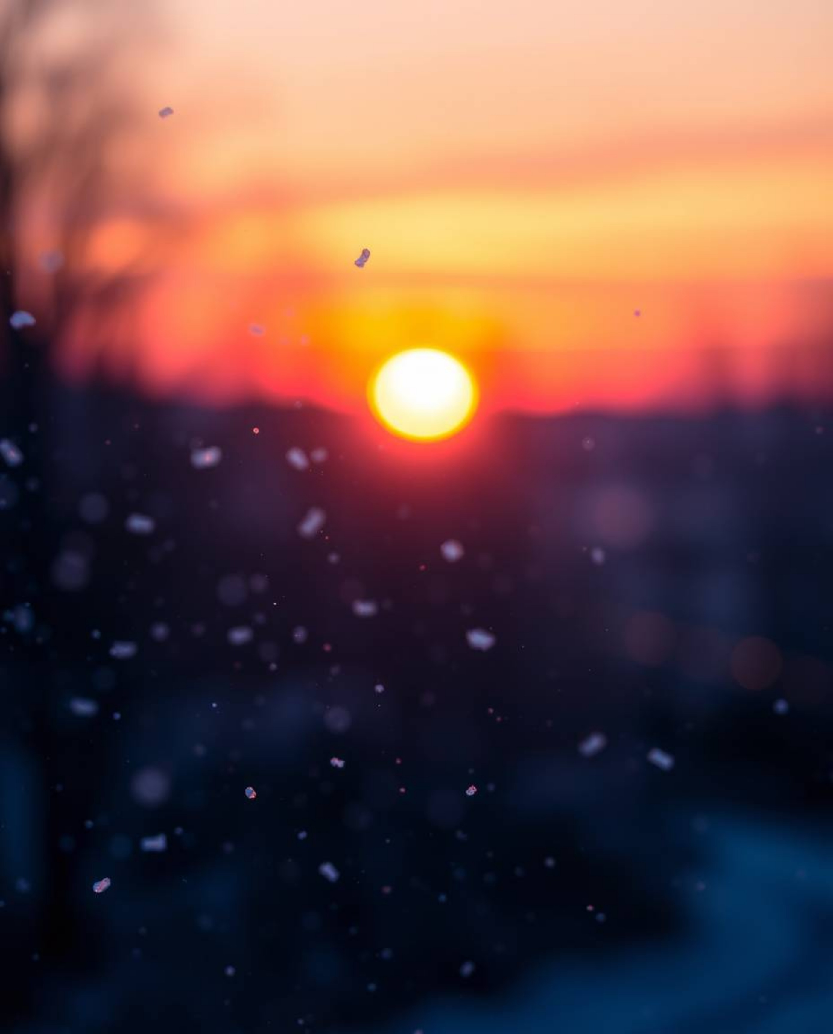 A stunning long exposure photograph captures the soft, dreamy atmosphere of snowflakes falling during a vibrant sunset. Bathe