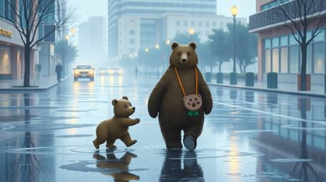 A heartwarming scene unfolds as a bear family takes a leisurely stroll through a rain-soaked city. Soft pastel hues reflect i