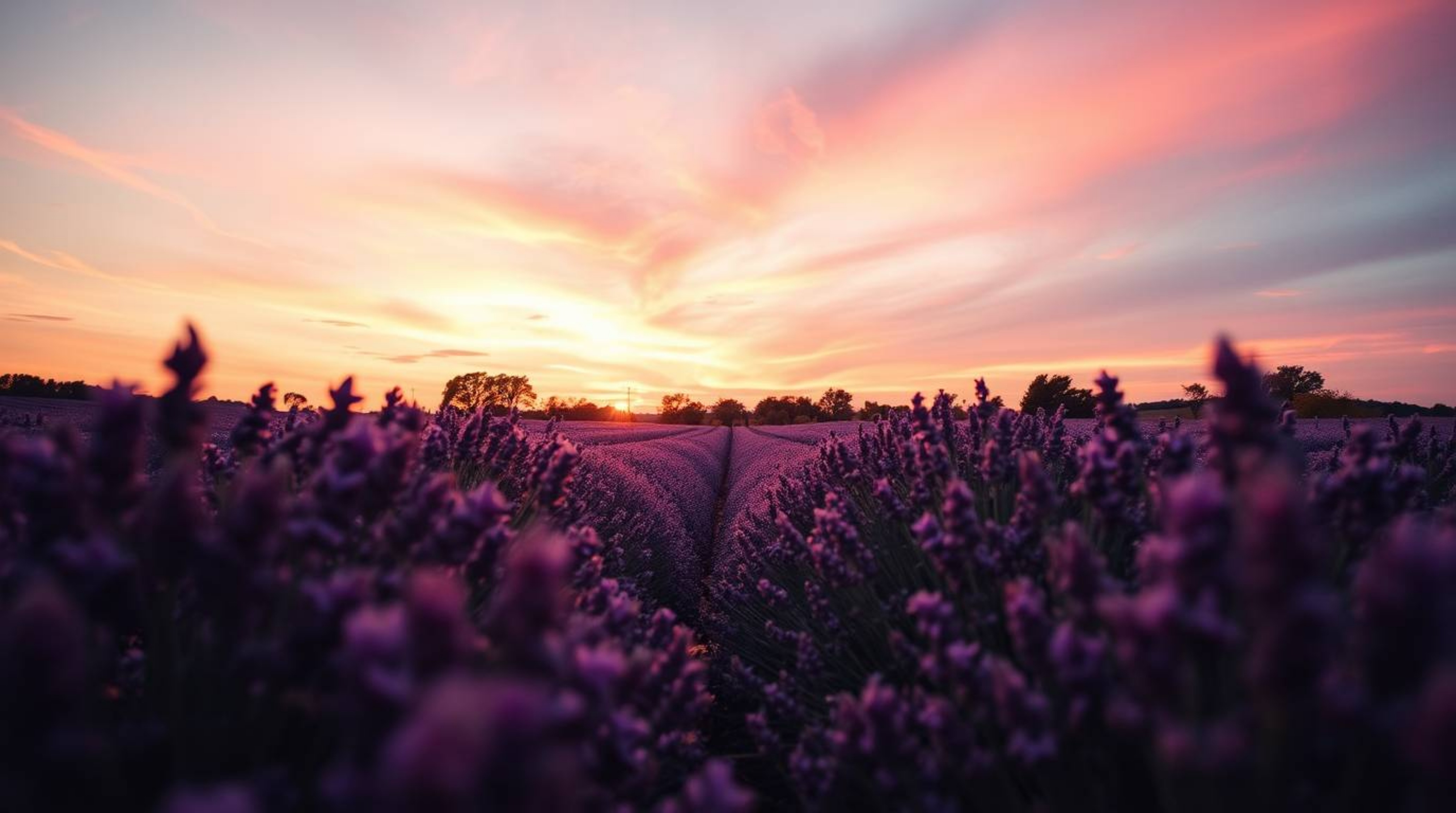 Experience the magic of lavender fields bathed in the warm glow of an autumnal sunset, viewed from a captivating low-angle pe
