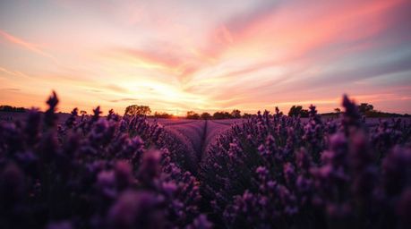 Experience the magic of lavender fields bathed in the warm glow of an autumnal sunset, viewed from a captivating low-angle pe