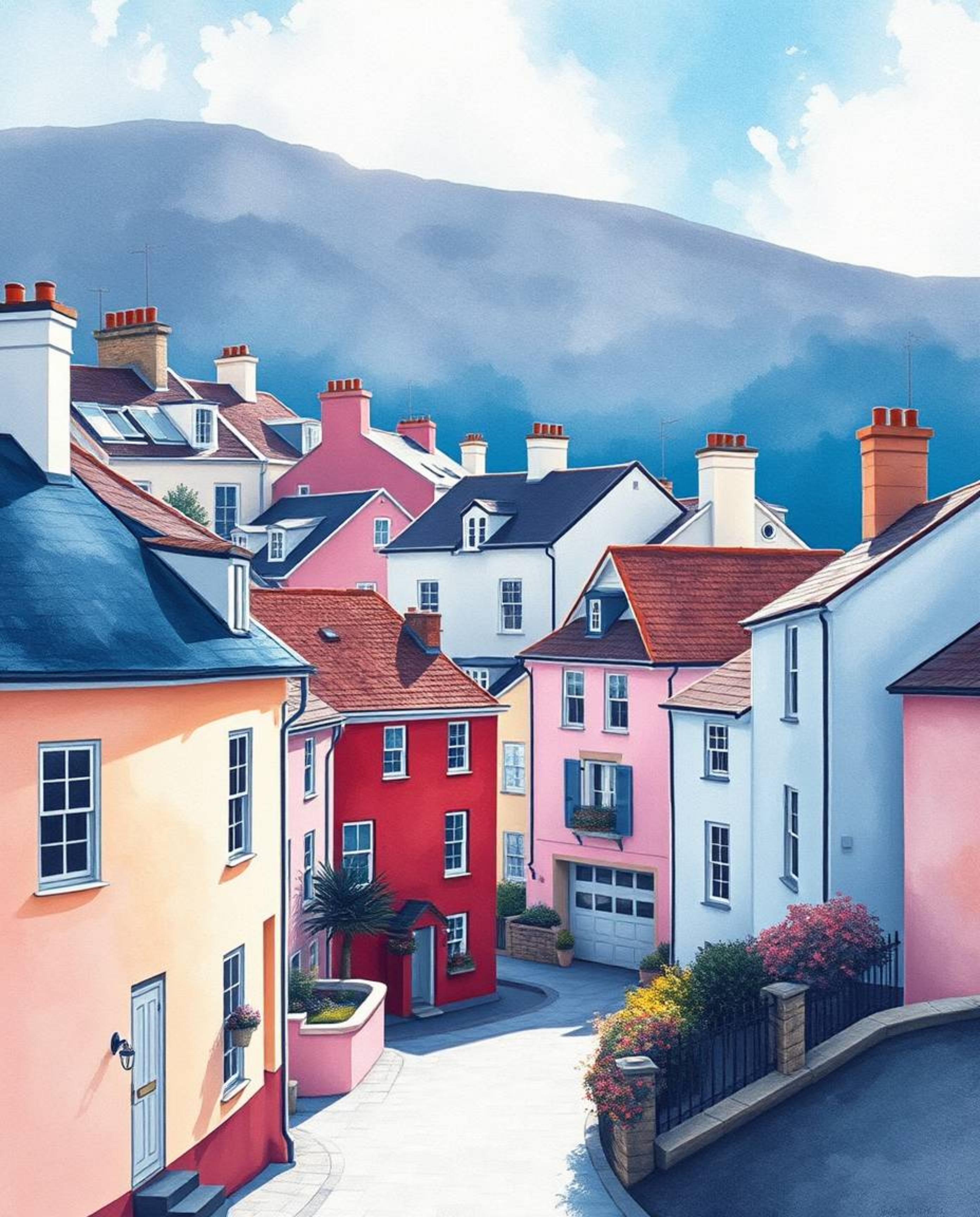 This artwork depicts a sleepy town with charming pastel houses rendered in a watercolor style. The rich burgundy and deep blu