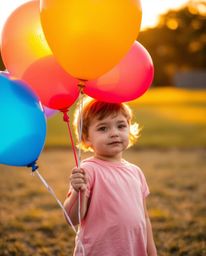 A captivating image of a child joyfully holding a vibrant balloon, bathed in the warm, soft light of golden hour.  The photog