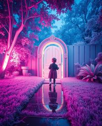 A surreal infrared photograph captures a child's enchanting discovery of a magical portal in their backyard during a drizzlin