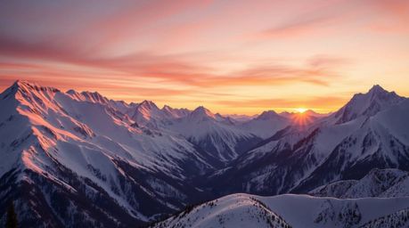 Capture the majestic beauty of snow-covered mountains illuminated by a breathtaking pastel sunset with this high-resolution s