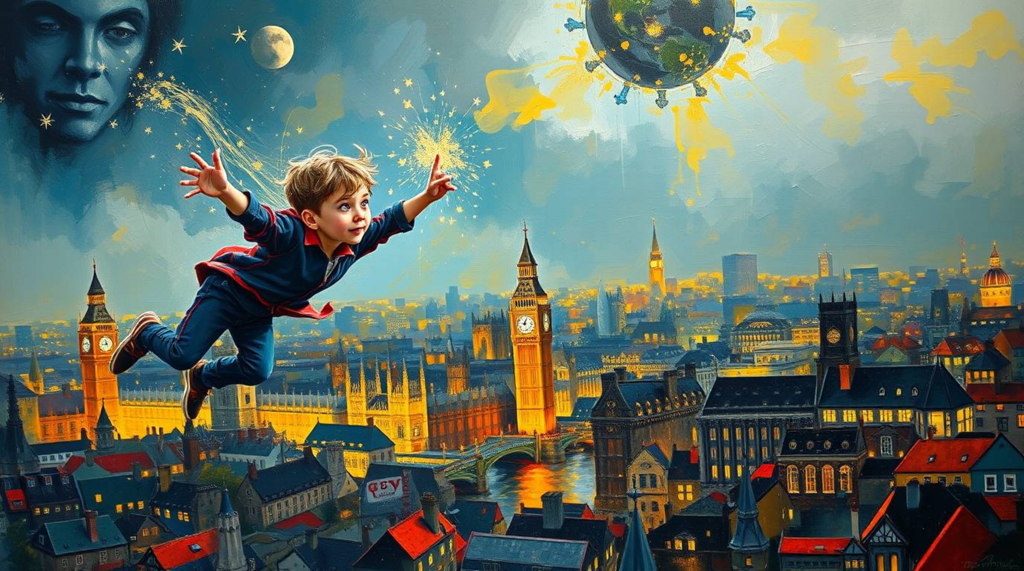 This vibrant acrylic painting captures the whimsical scene of a young boy soaring above London, propelled by magical pixie du