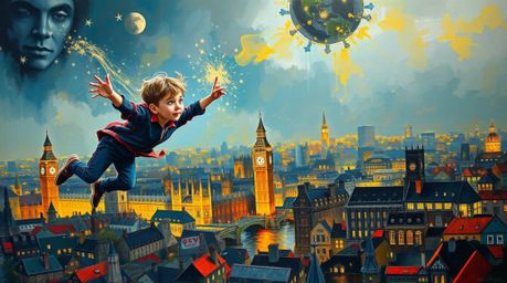 This vibrant acrylic painting captures the whimsical scene of a young boy soaring above London, propelled by magical pixie du