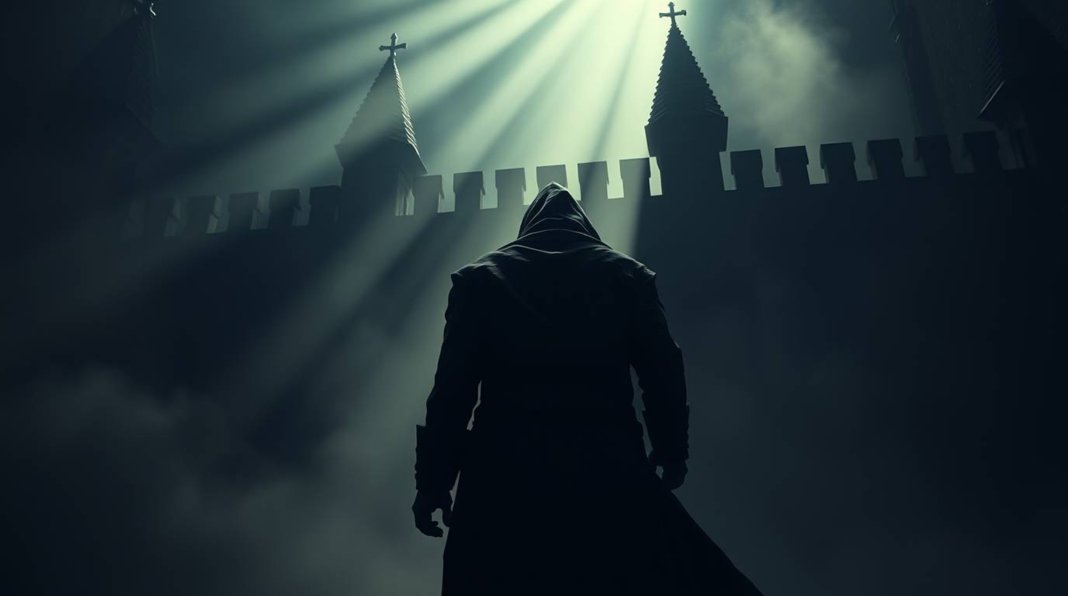A scene depicting a thief, clad in dark clothing, carefully sneaking into a heavily guarded castle. The environment is dramat