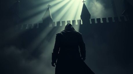 A scene depicting a thief, clad in dark clothing, carefully sneaking into a heavily guarded castle. The environment is dramat