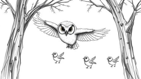 A heartwarming, Pixar-style scene depicts a blind owl with soft, feathery texture gliding gracefully between trees.  He's not