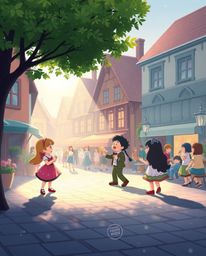 A charming musical number unfolds in a bright town square, bathed in soft, gentle light.  Adorable characters with diffused s