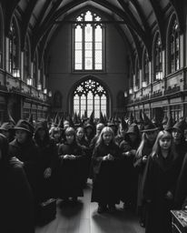 Capture the timeless elegance of a magical school teeming with young wizards in this classic black and white photograph. The 