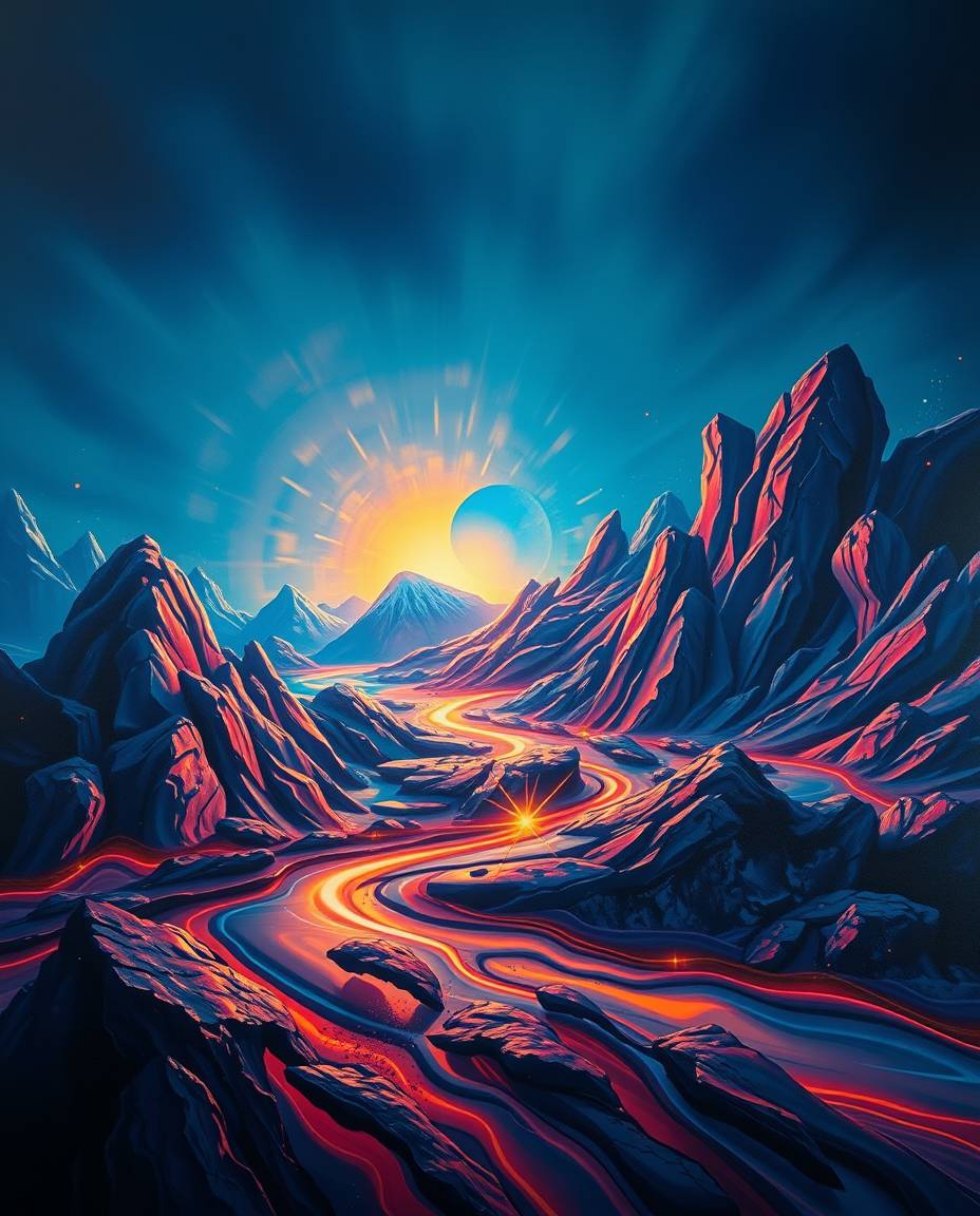 Experience an epic scene of bold acrylic painting featuring lens glow lighting on futuristic 3D fluid shapes.  The design sho