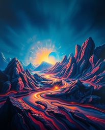 Experience an epic scene of bold acrylic painting featuring lens glow lighting on futuristic 3D fluid shapes.  The design sho