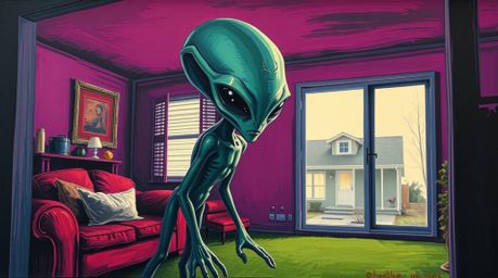 A bold acrylic painting depicts an alien inhabiting a suburban house.  The artwork employs a moody style, characterized by vi