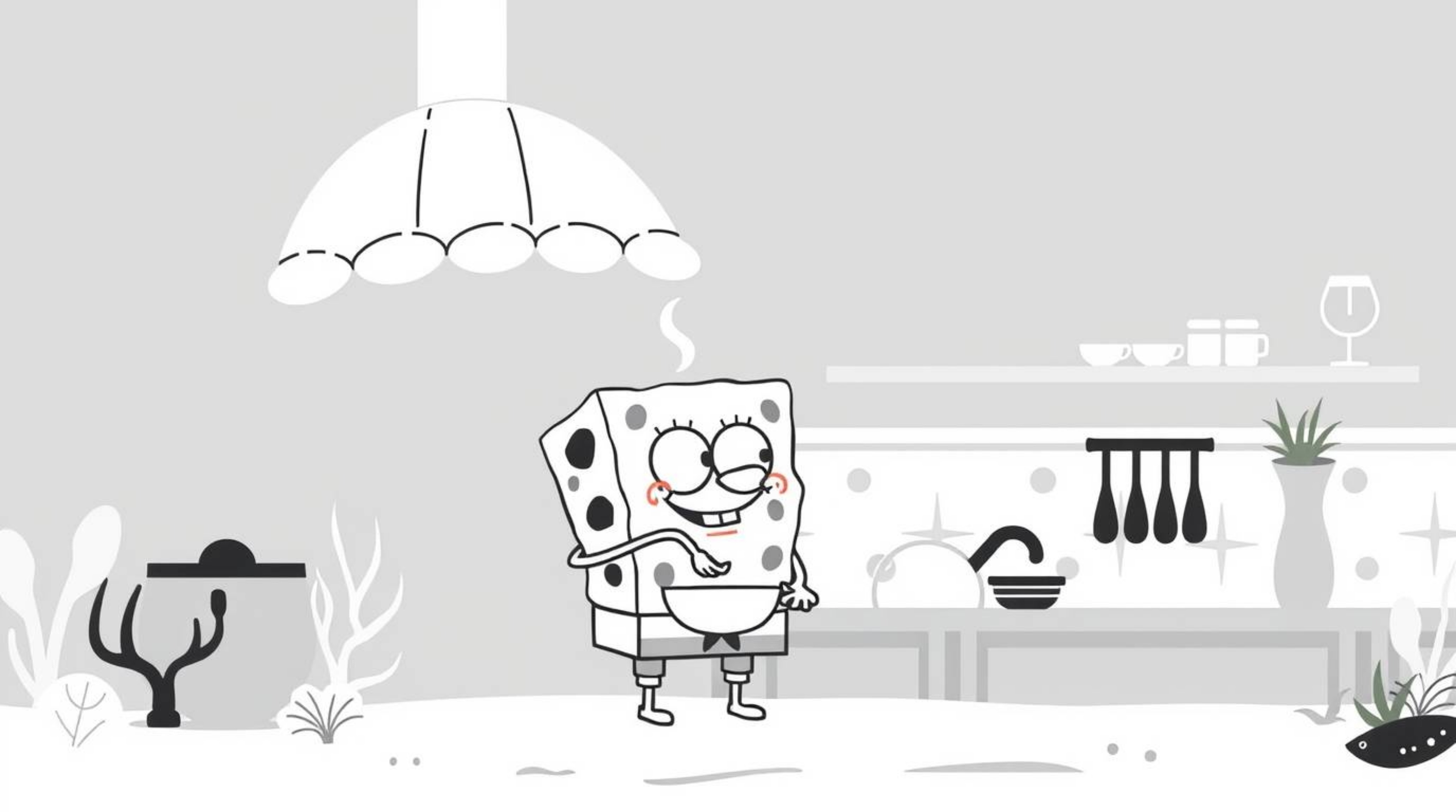 A charming black and white illustration showcases a sponge character playfully cooking in a whimsical underwater kitchen.  Th