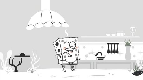 A charming black and white illustration showcases a sponge character playfully cooking in a whimsical underwater kitchen.  Th