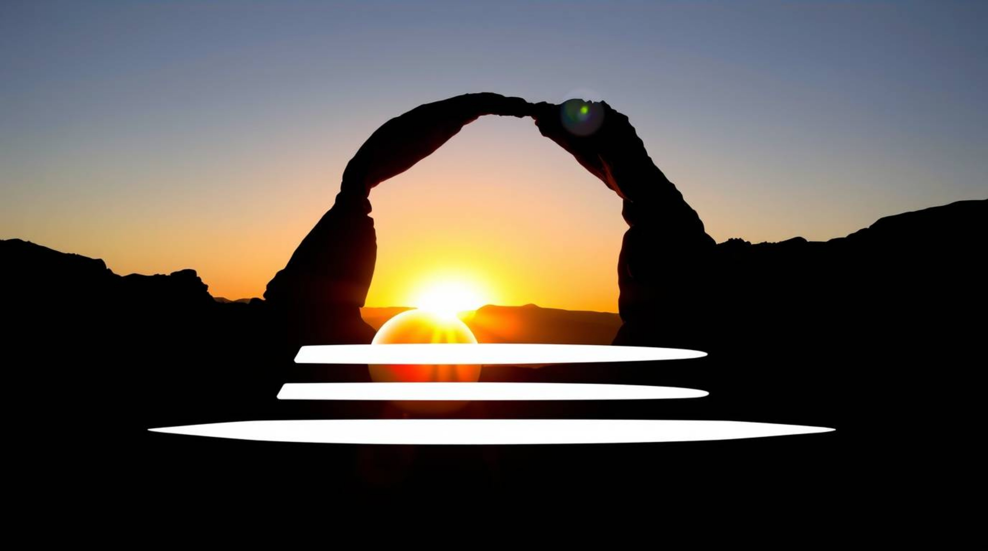 A striking logo design featuring a high-contrast depiction of a desert sunset viewed through a natural rock arch.  Utilizing 
