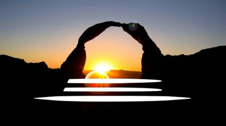 A striking logo design featuring a high-contrast depiction of a desert sunset viewed through a natural rock arch.  Utilizing 