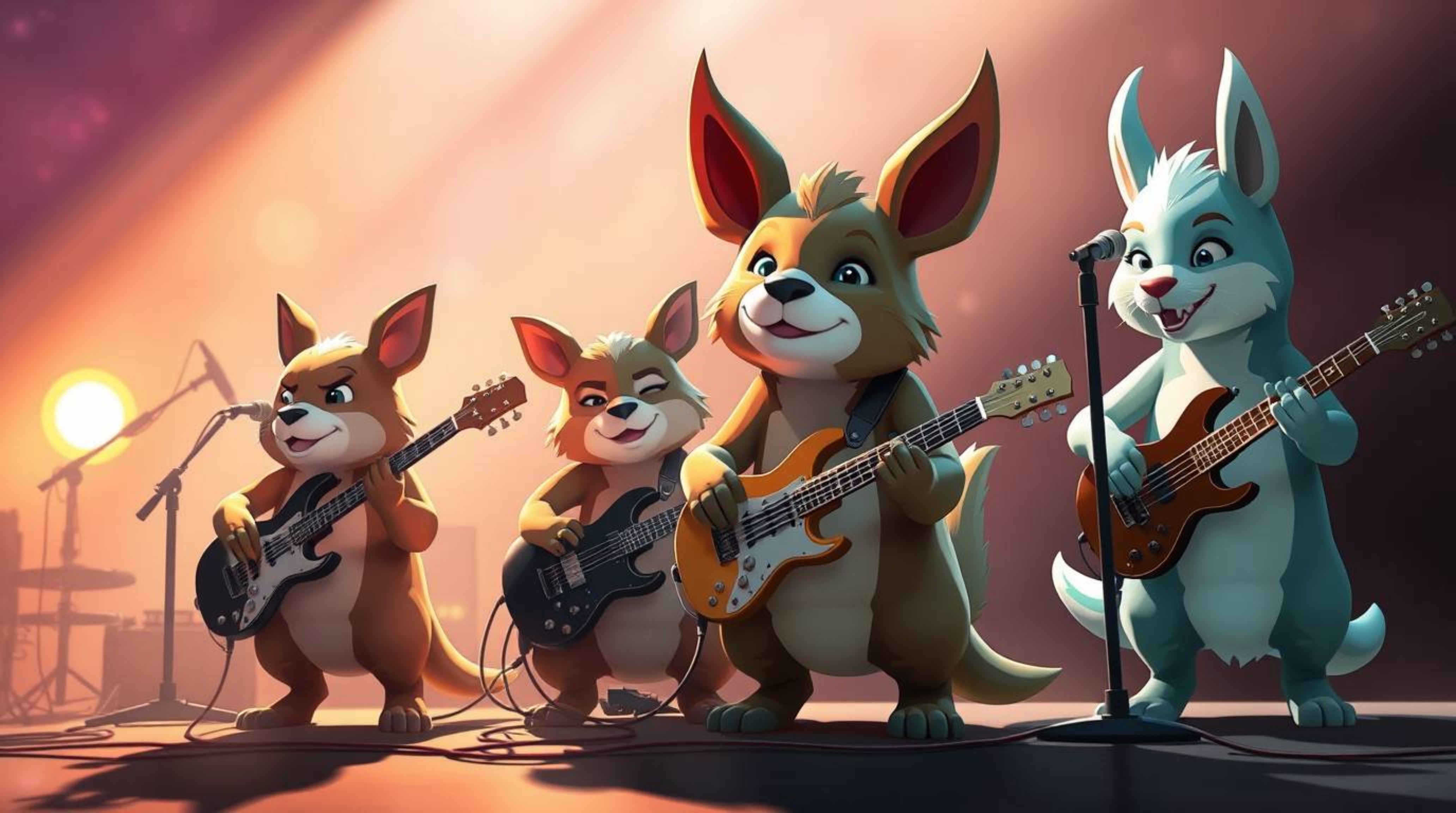This high-resolution stock photo features a cartoon band of animals passionately playing rock music, radiating an ethereal an