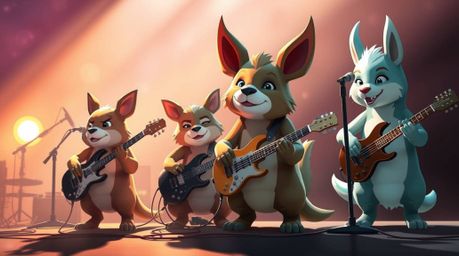 This high-resolution stock photo features a cartoon band of animals passionately playing rock music, radiating an ethereal an