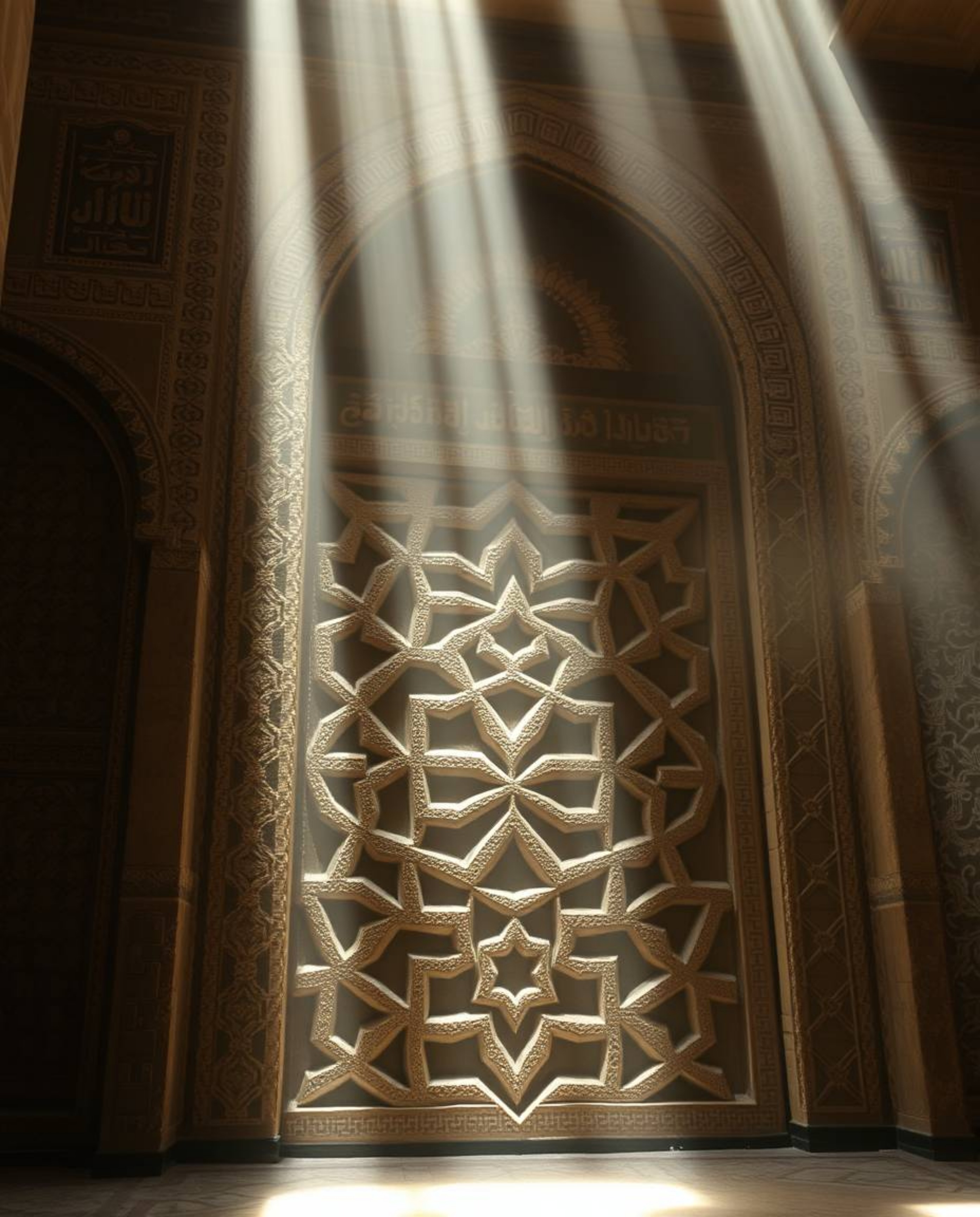 This image showcases a volumetric lighting technique highlighting the intricate details of Islamic geometric patterns carved 