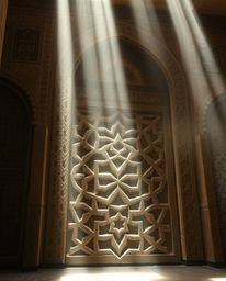 This image showcases a volumetric lighting technique highlighting the intricate details of Islamic geometric patterns carved 