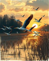 An epic, hand-drawn sketch in a Color sketchnote style, depicting a massive, heroic scene of herons flying during Golden hour