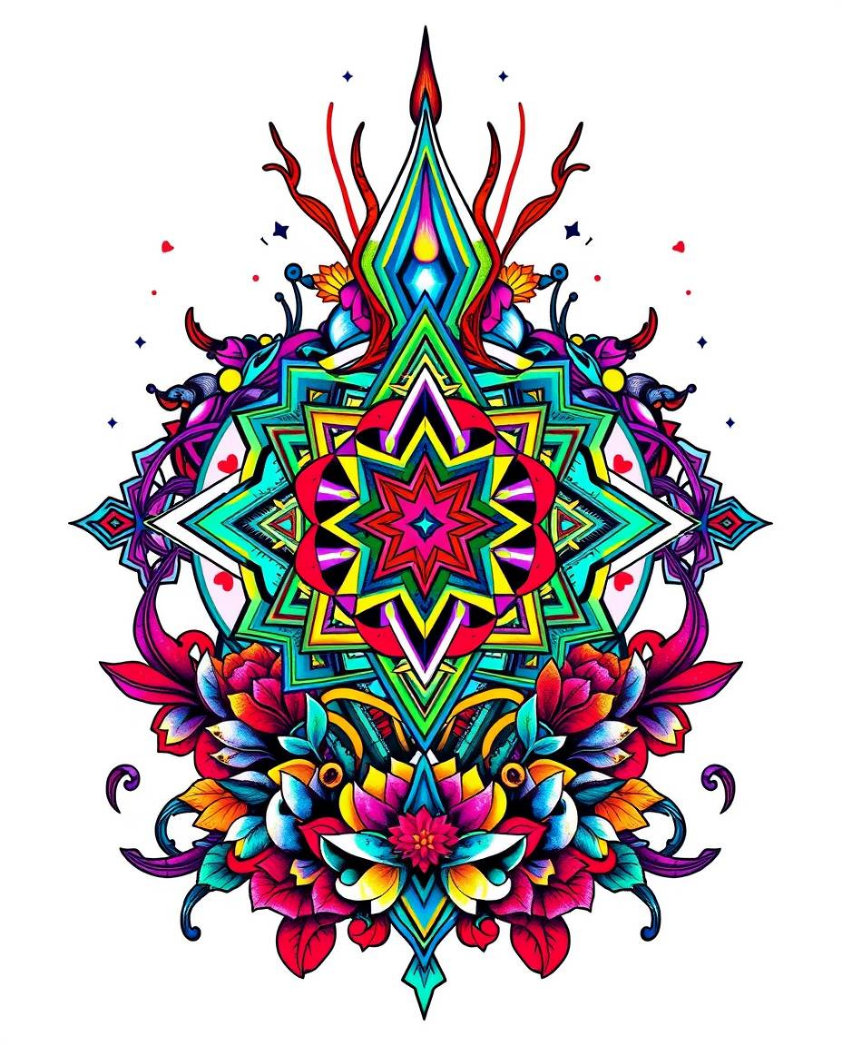This art print blends traditional tattoo aesthetics with a futuristic digital interface, featuring intricate geometric patter