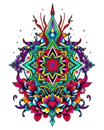 This art print blends traditional tattoo aesthetics with a futuristic digital interface, featuring intricate geometric patter