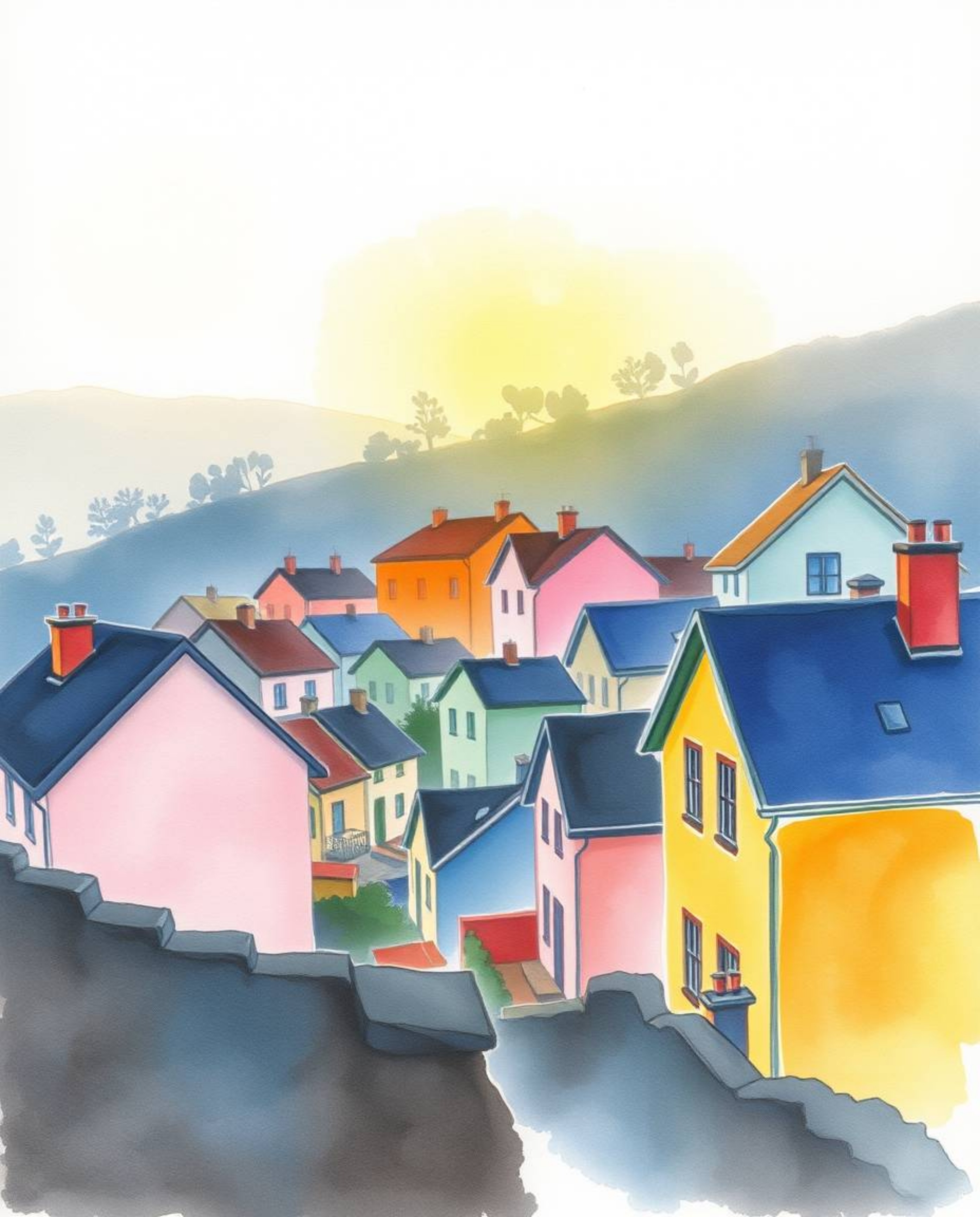 Delicate watercolor painting capturing the essence of a sleepy town with pastel-colored houses and silhouetted backlighting. 